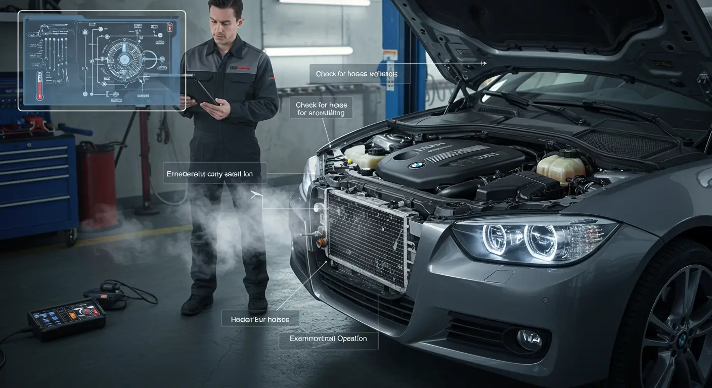 Slika prikazuje automobilski motor sa otvorenim poklopcem hladnjaka, gde para izlazi iz sistema za hlađenje, ilustrujući znakove povećanog pritiska u sistemu, poput curenja tečnosti i pregrevanja motora.