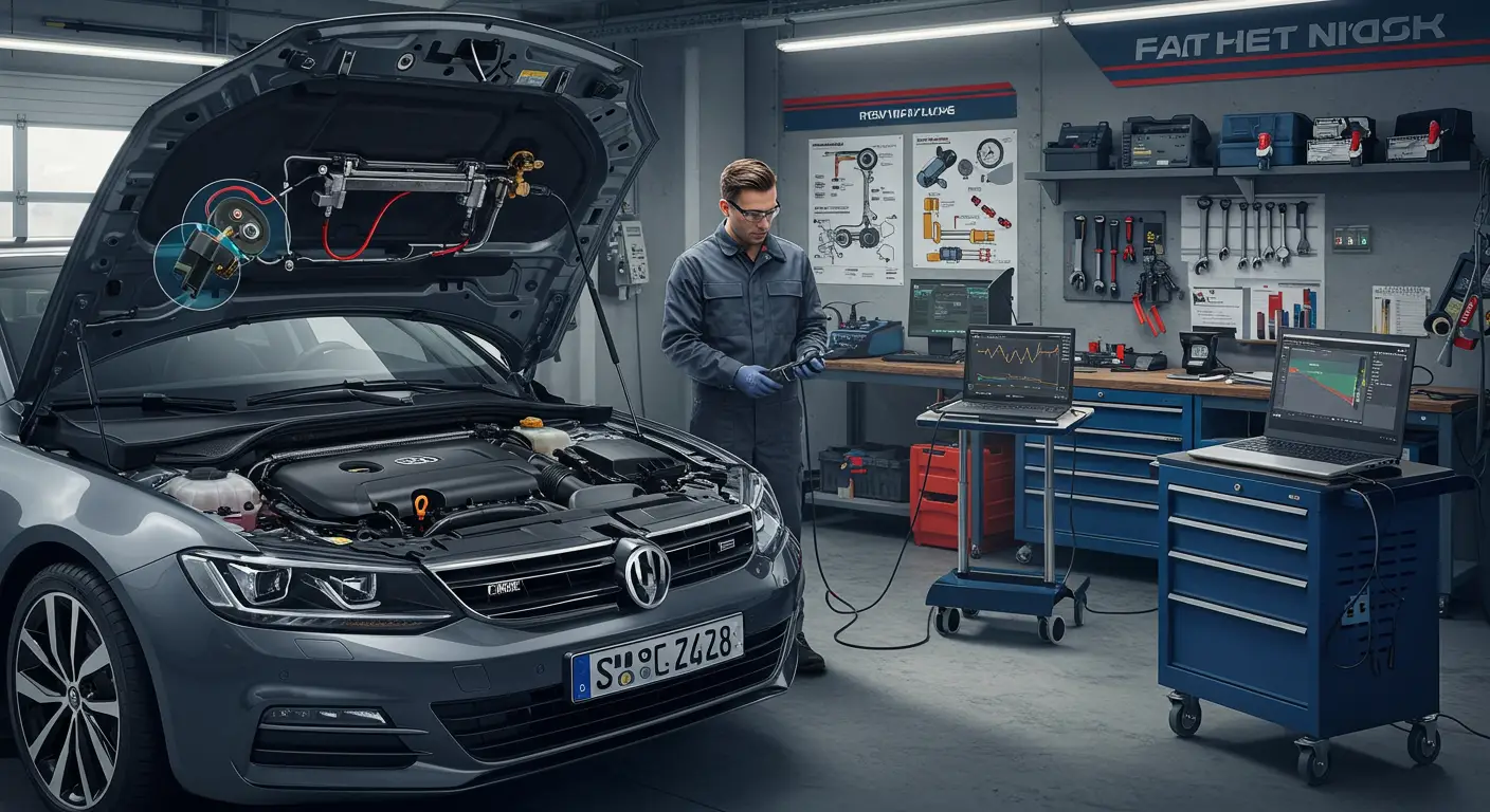 Slika prikazuje automobilskog mehaničara kako pomoću dijagnostičkog uređaja proverava pritisak senzora na šini za gorivo, uz prateću dokumentaciju o simptomima i mogućim rešenjima problema.