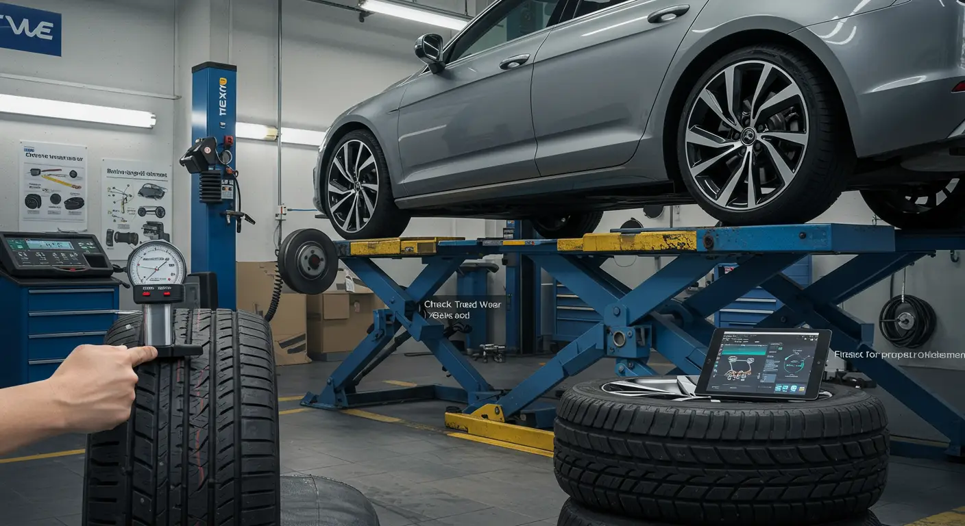 Slika prikazuje automobilsku gumu na asfaltu sa oznakama koje ukazuju na moguće uzroke buke, uključujući neravnomerno habanje, nepravilan pritisak i oštećenja na gaznoj površini.