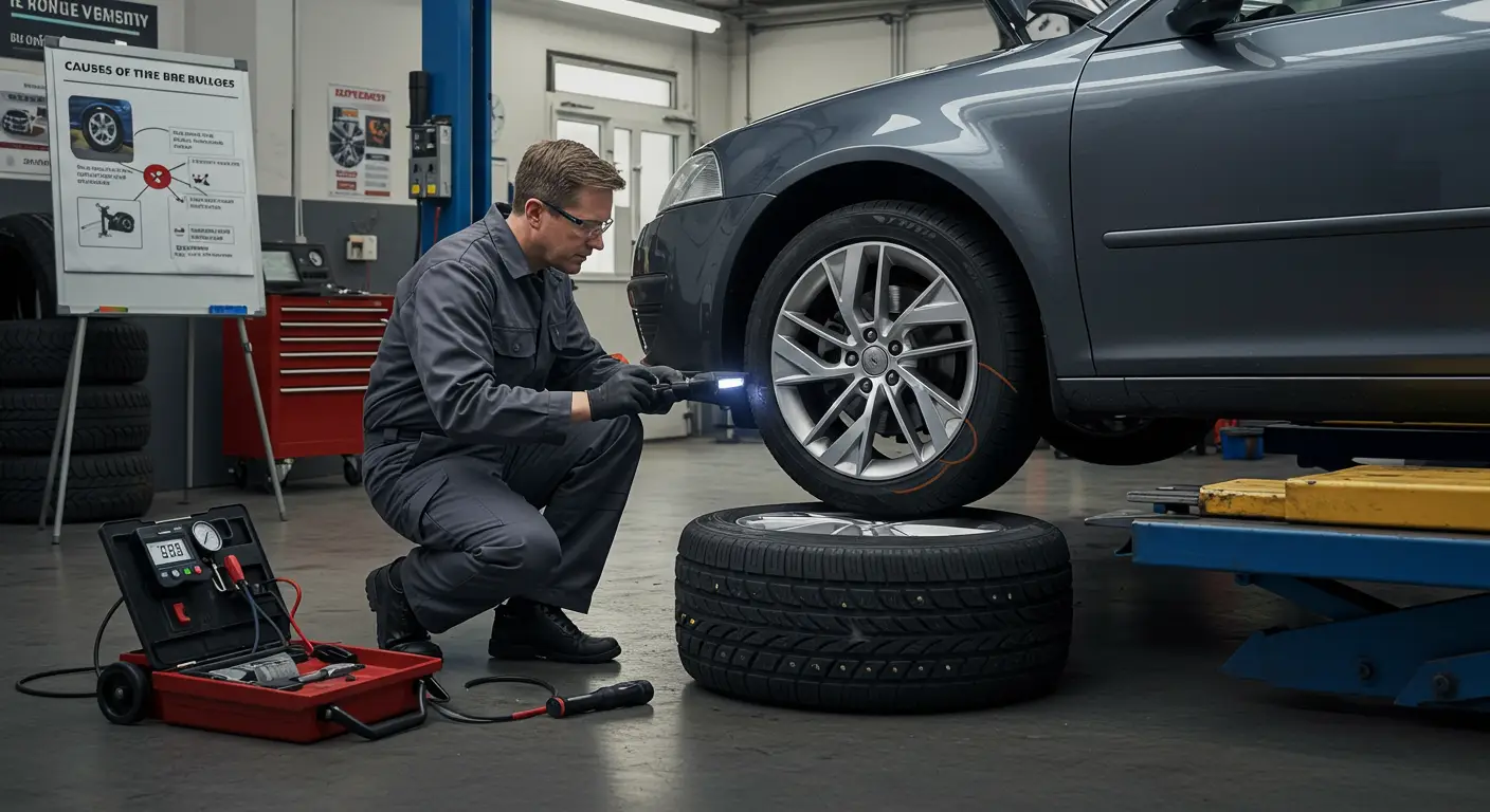 Slika prikazuje automobilsku gumu sa izraženim izbočinama na bočnom zidu, koje su najčešće uzrokovane udarcima ili oštećenjima unutrašnje konstrukcije gume, što ukazuje na potrebu za njenom zamenom.