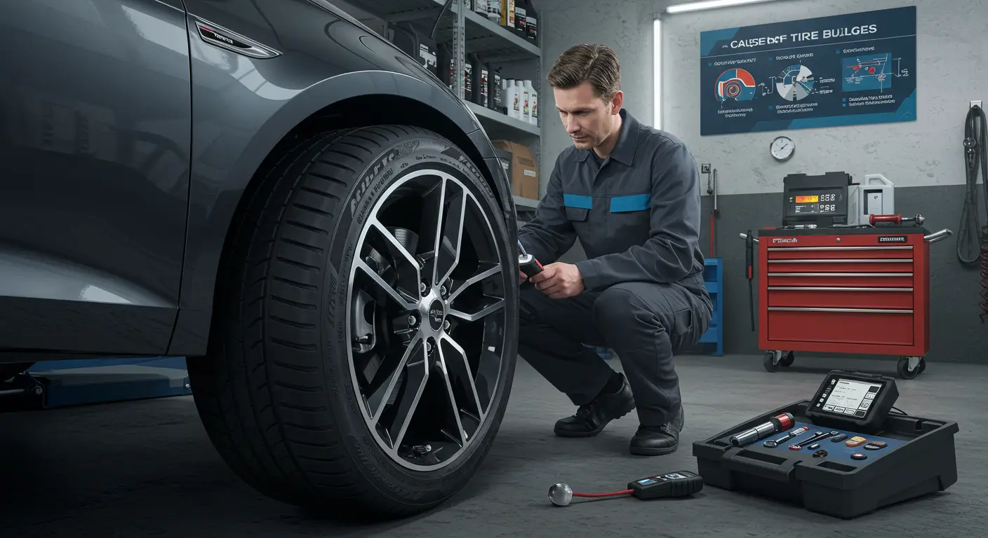 Slika prikazuje automobilsku gumu sa jasno vidljivim ispupčenjem na bočnoj strani, što ukazuje na potencijalne uzroke oštećenja i potrebu za zamenom gume.