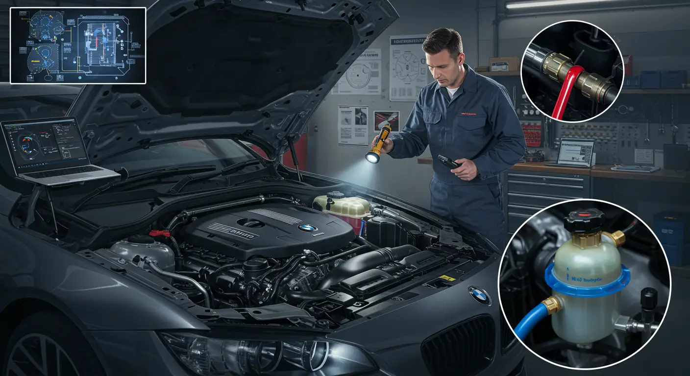 Slika prikazuje automobilsku haubu otvorenu, sa fokusom na mehaničara koji koristi lampu za pregled creva za rashladnu tečnost kako bi identifikovao curenje, uz vidljive tragove tečnosti na crevu.