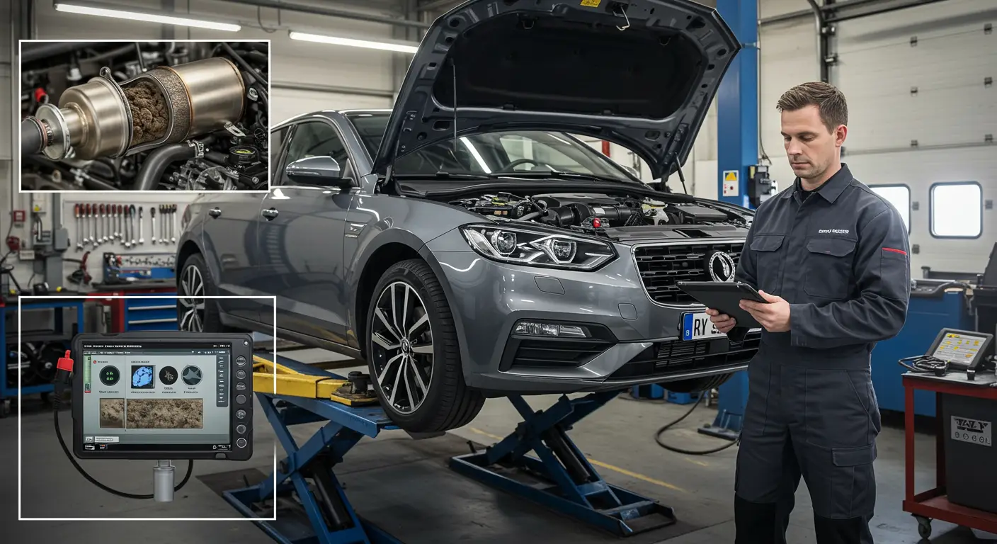 Slika prikazuje automobilsku instrument tablu sa upaljenom lampicom indikatora problema sa Diesel Particulate Filterom (DPF), što ukazuje na potrebu za regeneracijom filtera.