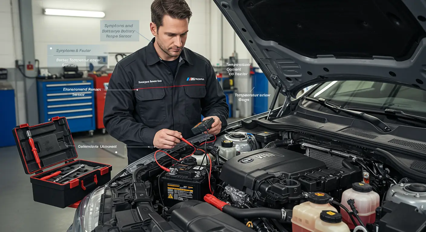 Slika prikazuje automobilsku instrument tablu sa upaljenom lampicom upozorenja za bateriju, ukazujući na simptom neispravnog senzora temperature baterije.