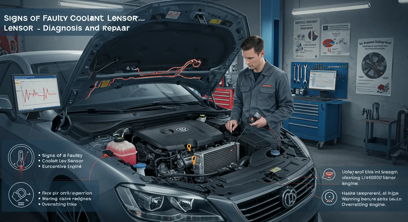 Slika prikazuje automobilsku instrument tablu sa upaljenom lampicom za niski nivo rashladne tečnosti, što ukazuje na moguće probleme sa senzorom nivoa rashladne tečnosti.
