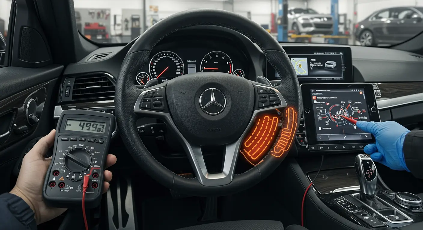 Slika prikazuje automobilsku kontrolnu tablu sa fokusom na dugme za grejanje volana, koje je istaknuto zbog potencijalnih problema i popravki povezanih sa grejanim upravljačem.