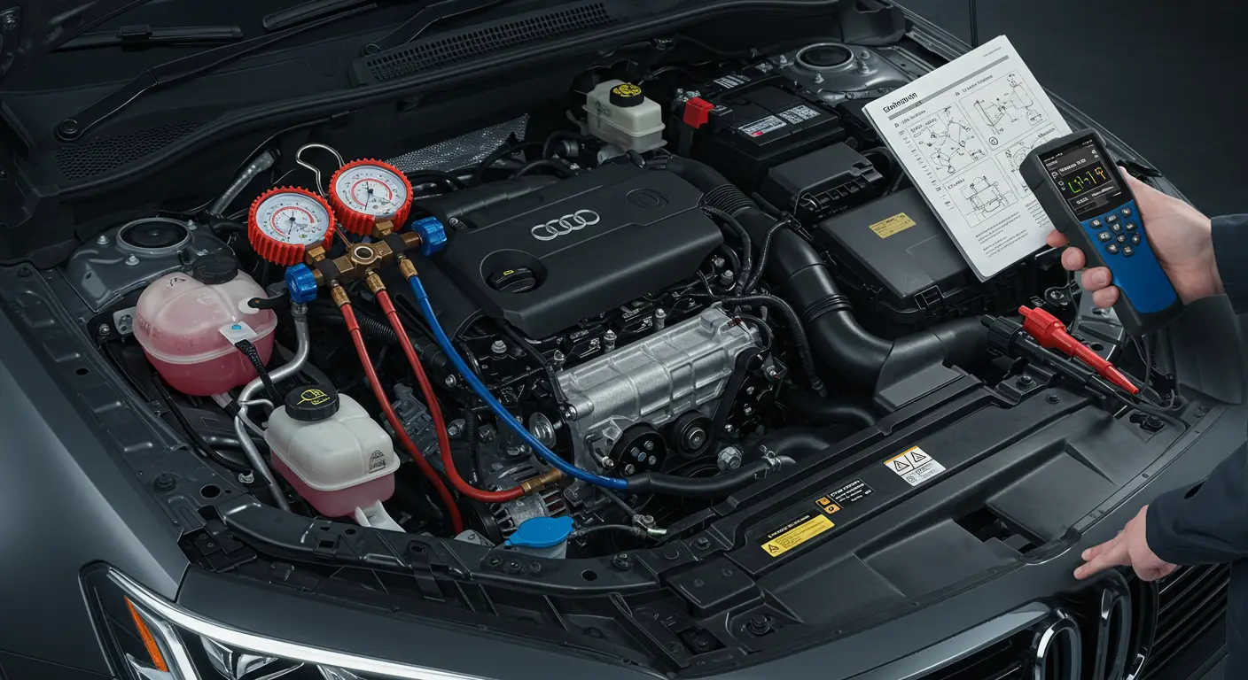 Slika prikazuje automobilsku kontrolnu tablu sa istaknutim kontrolama klima uređaja, ilustrujući temu vodiča za rešavanje problema često uključivanja i isključivanja sistema klimatizacije.