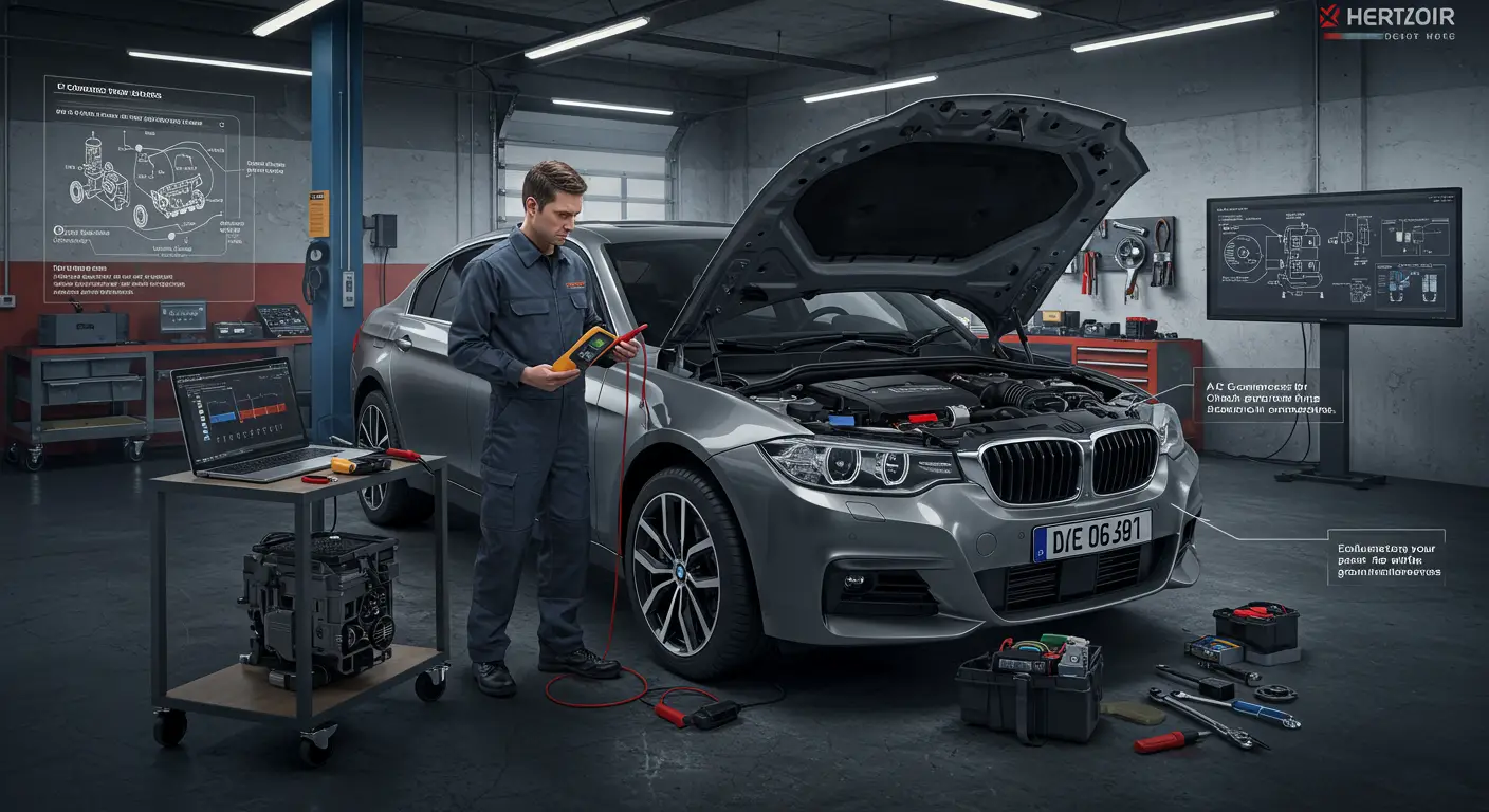 Slika prikazuje automobilsku kontrolnu tablu sa naglaskom na dugmad klima uređaja, ilustrujući česte simptome i rešenja za električne probleme klima uređaja u automobilu.