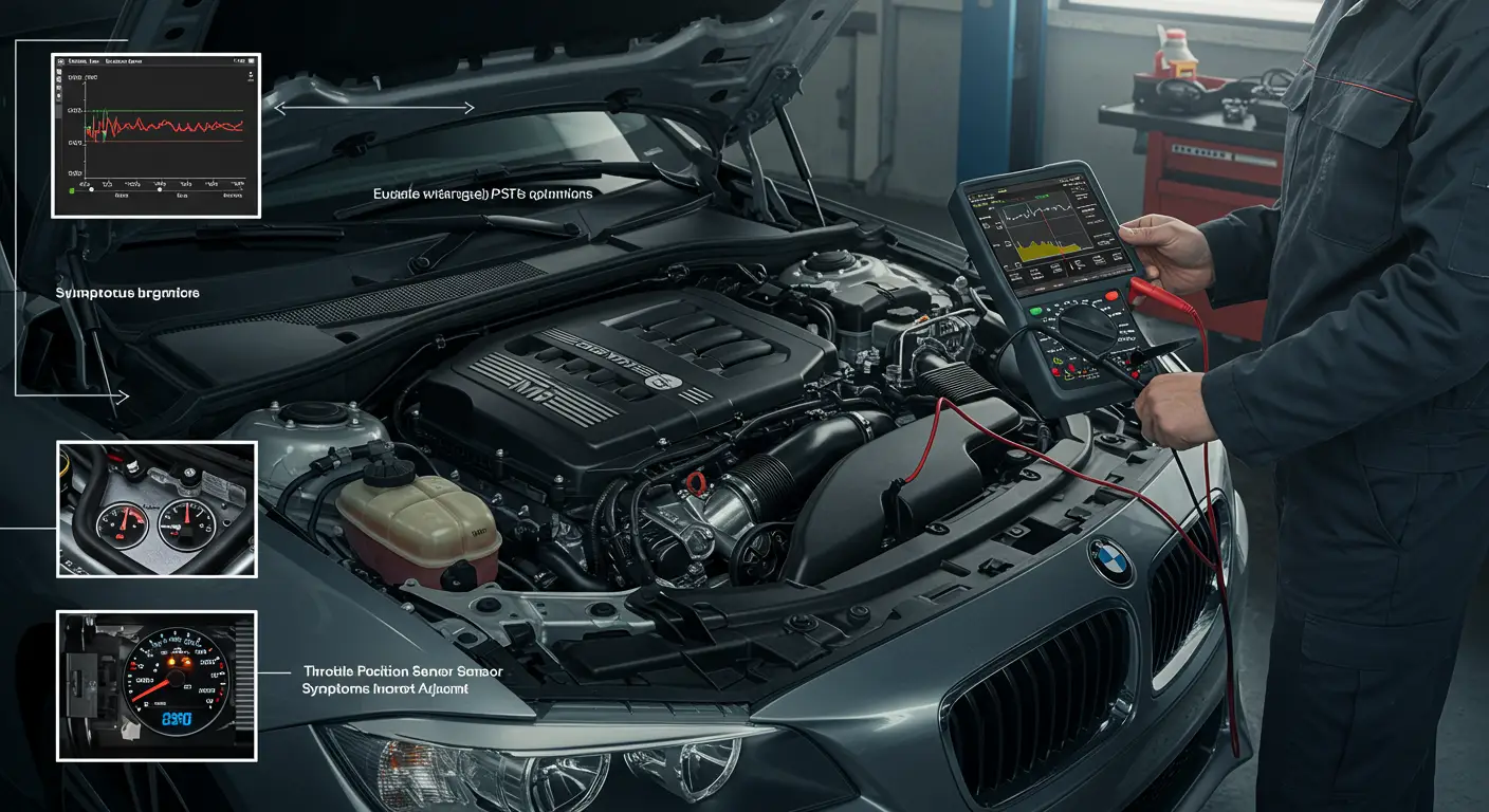 Slika prikazuje automobilsku kontrolnu tablu sa upaljenim check engine svetlom, što može ukazivati na simptome pogrešne kalibracije senzora položaja leptira gasa, kao što su nepravilan rad motora ili smanjena efikasnost goriva.