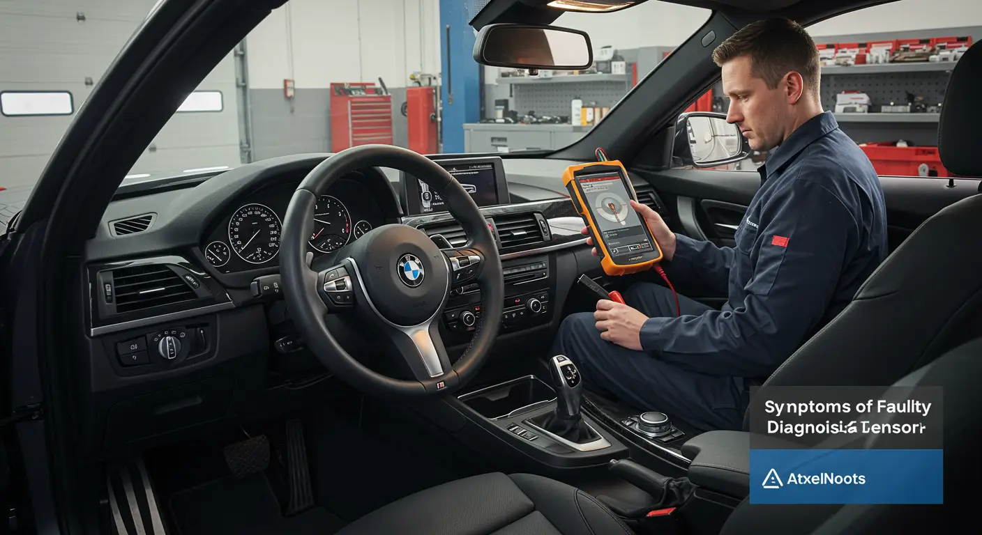 Slika prikazuje automobilsku kontrolnu tablu sa upaljenim indikatorom za vazdušne jastuke, simbolizujući simptome neispravnih senzora za vazdušne jastuke i potrebu za dijagnostikom i rešenjima.