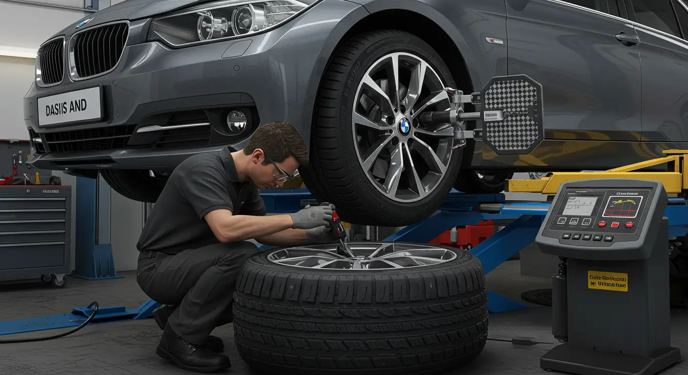 Slika prikazuje automobilsku radionicu sa vozilom podignutim na hidrauličnu dizalicu, dok mehaničar pregledava gume i točkove kako bi identifikovao uzroke vibracija volana.