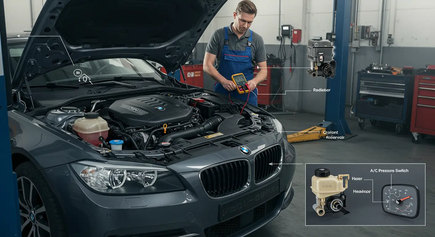 Slika prikazuje dijagnostičke alate i delove automobila u kontekstu simptoma neispravnog A/C prekidača pritiska, uz ilustraciju procesa dijagnoze i zamene komponente.