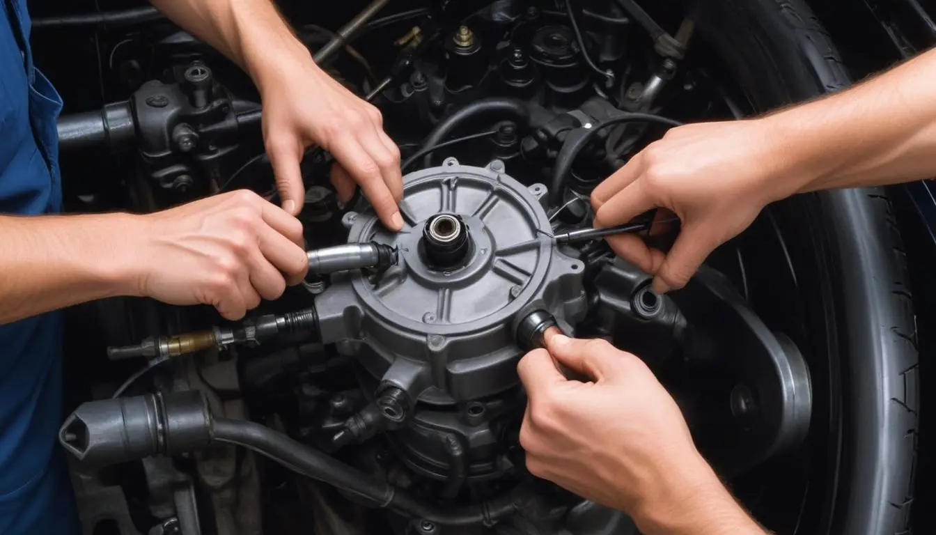 Slika prikazuje dijagnostičke alate i delove automobila u vezi sa simptomima kvara pumpe servoupravljača. Alati uključuju manometar i ključeve, dok su delovi poput rebrastog kaiša i pumpe prikazani u prvom planu.