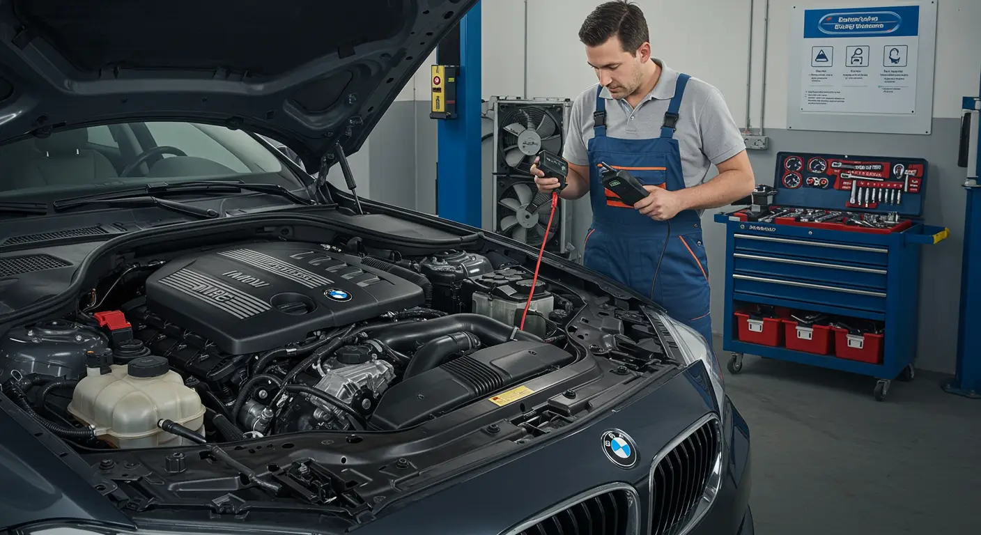 Slika prikazuje dijagnostički alat priključen na motor automobila, ilustrujući proces dijagnostikovanja i zamene neispravnog senzora pritiska ulja.