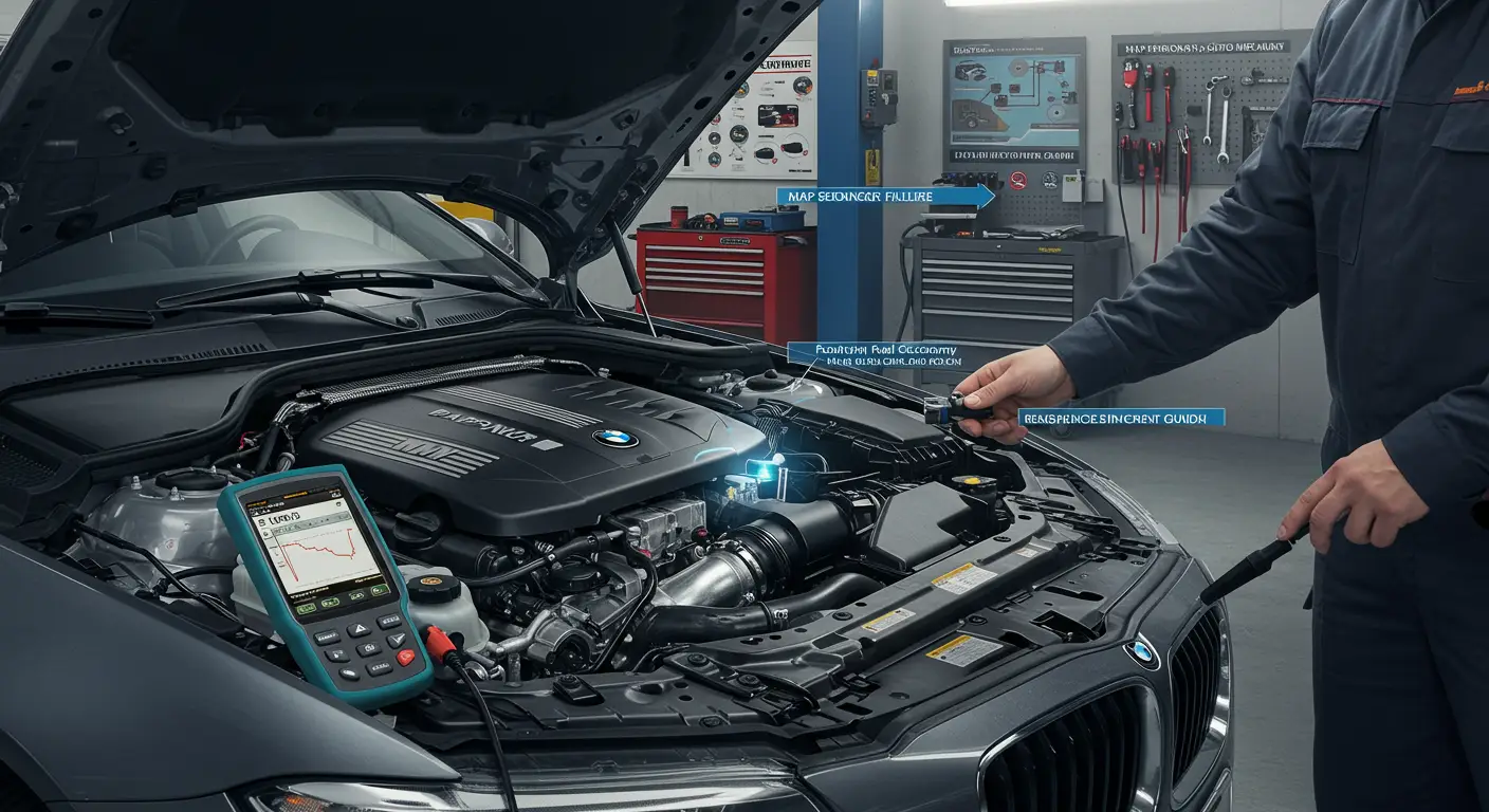 Slika prikazuje dijagnostički uređaj povezan sa motorom automobila, fokusirajući se na MAP senzor koji je ključan za upravljanje performansama motora.