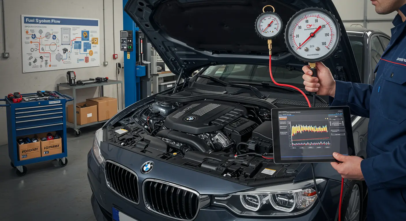 Slika prikazuje dijagram automobila sa oznakama i strelicama koje ukazuju na simptome i uzroke prekomernog pritiska goriva, uključujući kvarove na regulatoru pritiska i začepljene povratne cevi.