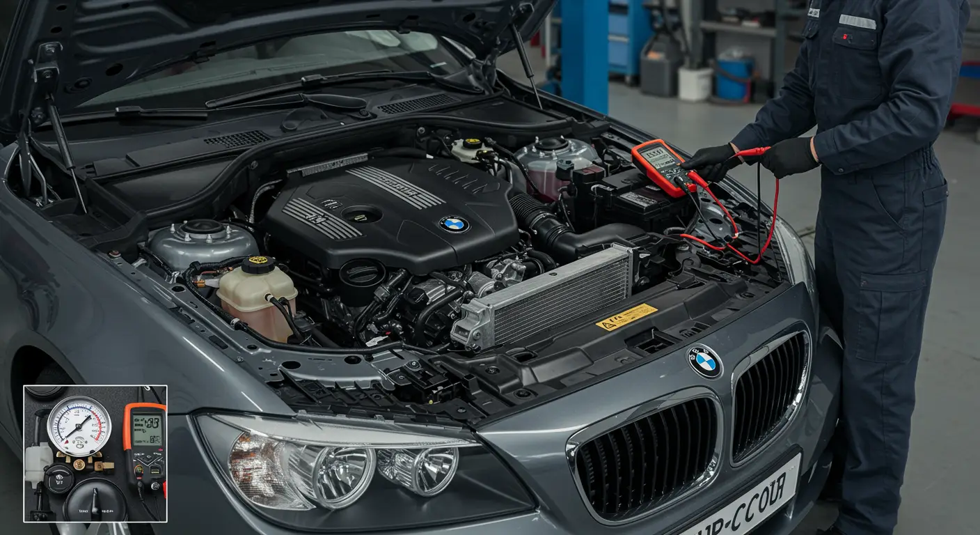 Slika prikazuje dijagram automobilske klimatizacije sa označenim delovima koji često uzrokuju slab protok vazduha, kao što su filter kabine, ventilator i isparivač, uz tekstualne napomene o dijagnostici i rešenjima.