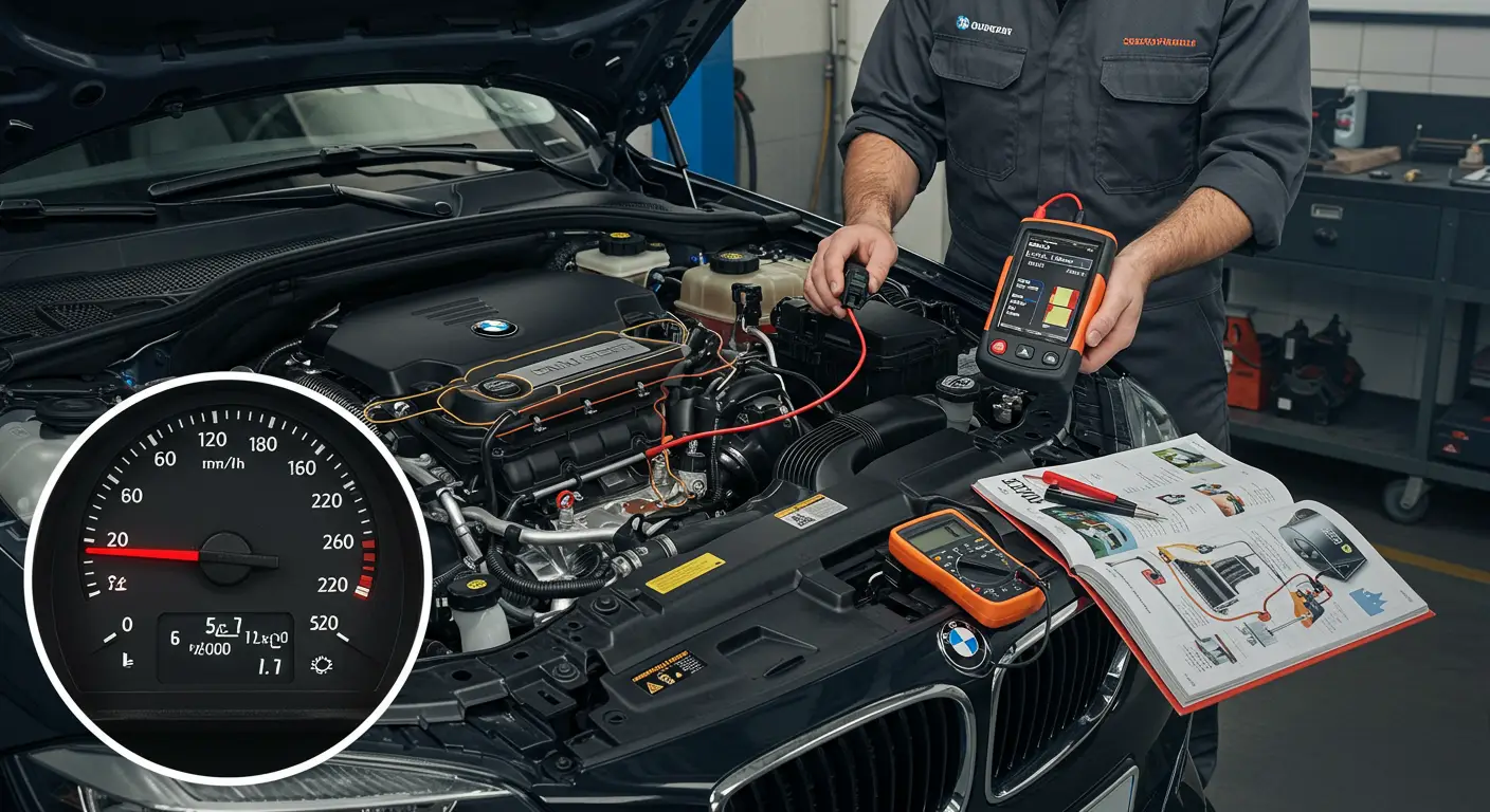 Slika prikazuje kontrolnu tablu automobila sa pokvarenim pokazivačem temperature, uz prateći tekst koji objašnjava moguće uzroke kvara i savete za popravku.