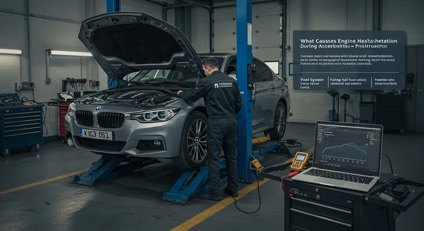 Slika prikazuje mehaničara kako dijagnostikuje problem sa sistemom za gorivo u automobilu, fokusirajući se na komponentu motora, što može izazvati oklevanje prilikom ubrzanja.