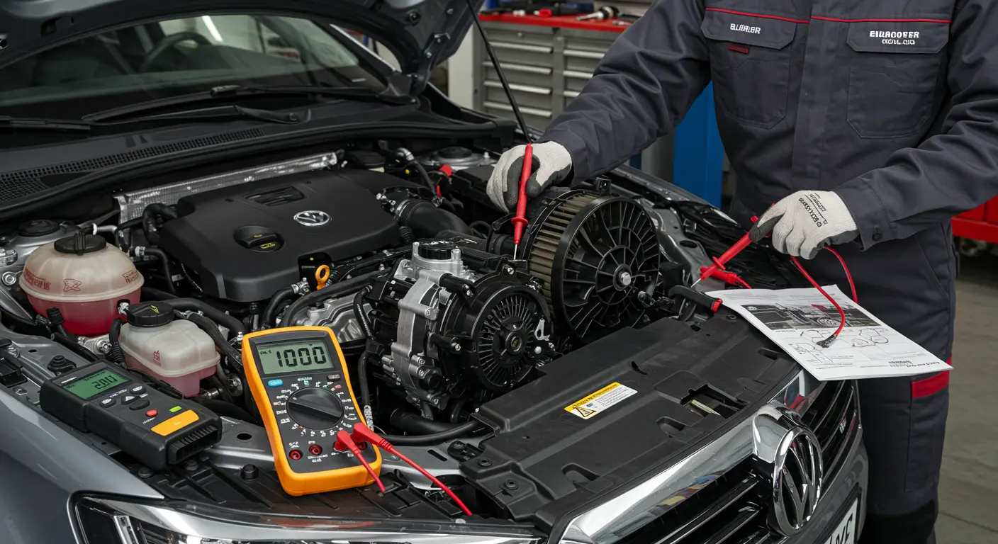 Slika prikazuje mehaničara kako ispituje motor ventilatora automobila, alatima meri napon i proverava žice unutar automobila, u kontekstu dijagnostike problema sa ventilatorom klima uređaja.