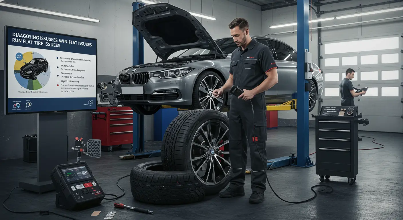 Slika prikazuje mehaničara kako ispituje run-flat gumu na automobilu u radionici, sa fokusom na dijagnostikovanje problema i mogućnost popravke.