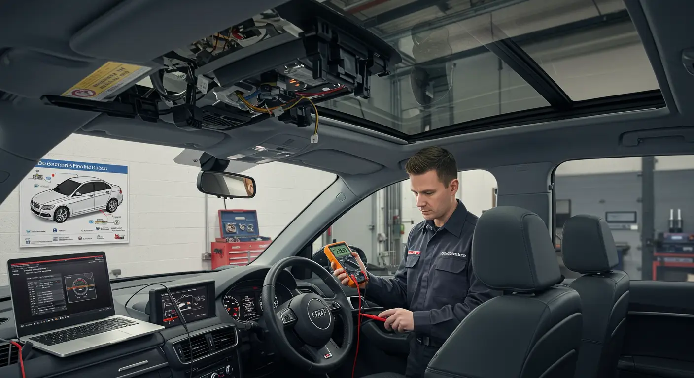 Slika prikazuje mehaničara kako koristi alat za proveru i popravku kvara na električnom sunroof sistemu automobila, sa vodičem za dijagnostikovanje problema na stolu u pozadini.