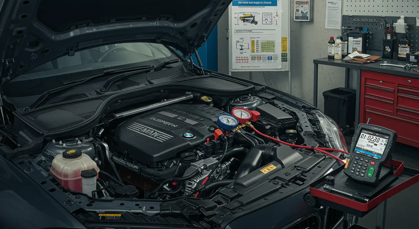 Slika prikazuje mehaničara kako koristi dijagnostički alat na automobilu u radionici, sa fokusom na sistem za gorivo, uz ilustracije simptoma i mogućih rešenja za kontaminaciju goriva.