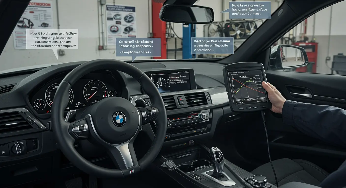 Slika prikazuje mehaničara kako koristi dijagnostički uređaj za proveru senzora ugla volana u automobilu, sa naglaskom na alat i deo unutrašnjosti vozila.