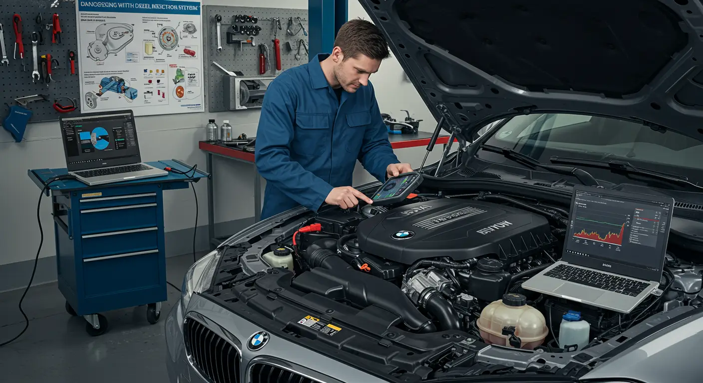 Slika prikazuje mehaničara kako koristi dijagnostički uređaj za proveru sistema ubrizgavanja goriva u dizel motoru, sa otvorenom haubom automobila u radionici.