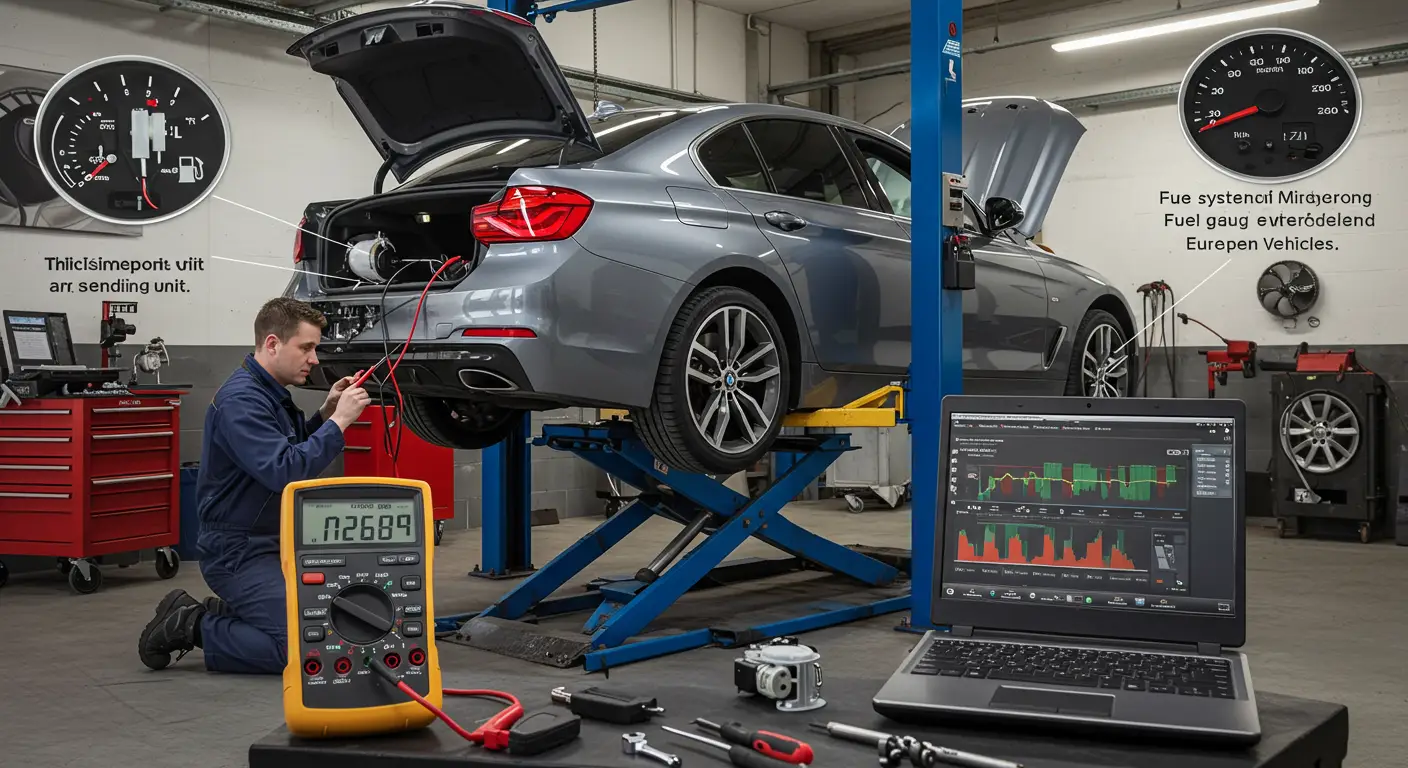 Slika prikazuje mehaničara kako koristi multimetar da ispita električne konekcije na instrument tabli automobila, fokusirajući se na dijagnostiku problema sa pokazivačem goriva.