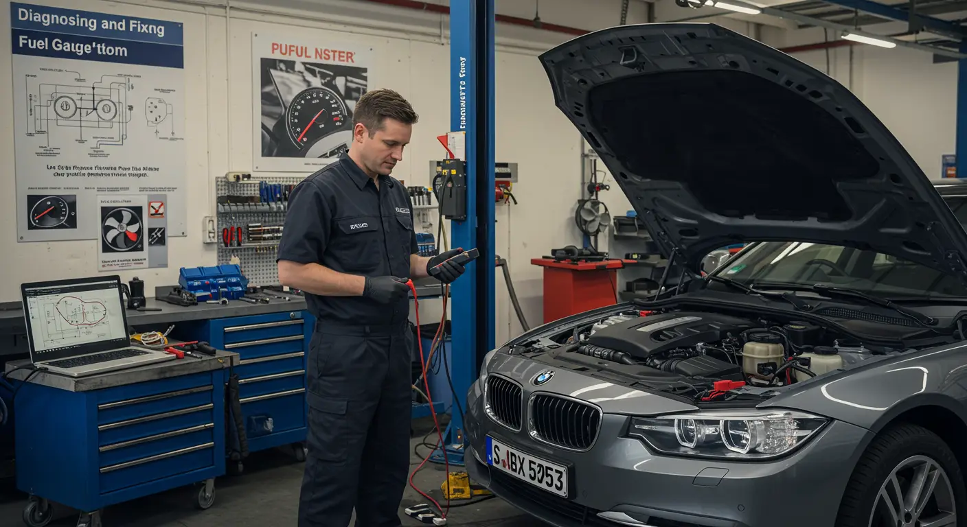 Slika prikazuje mehaničara kako koristi multimetar za dijagnostikovanje problema sa meračem goriva u automobilu, dok je instrument tabla otvorena.