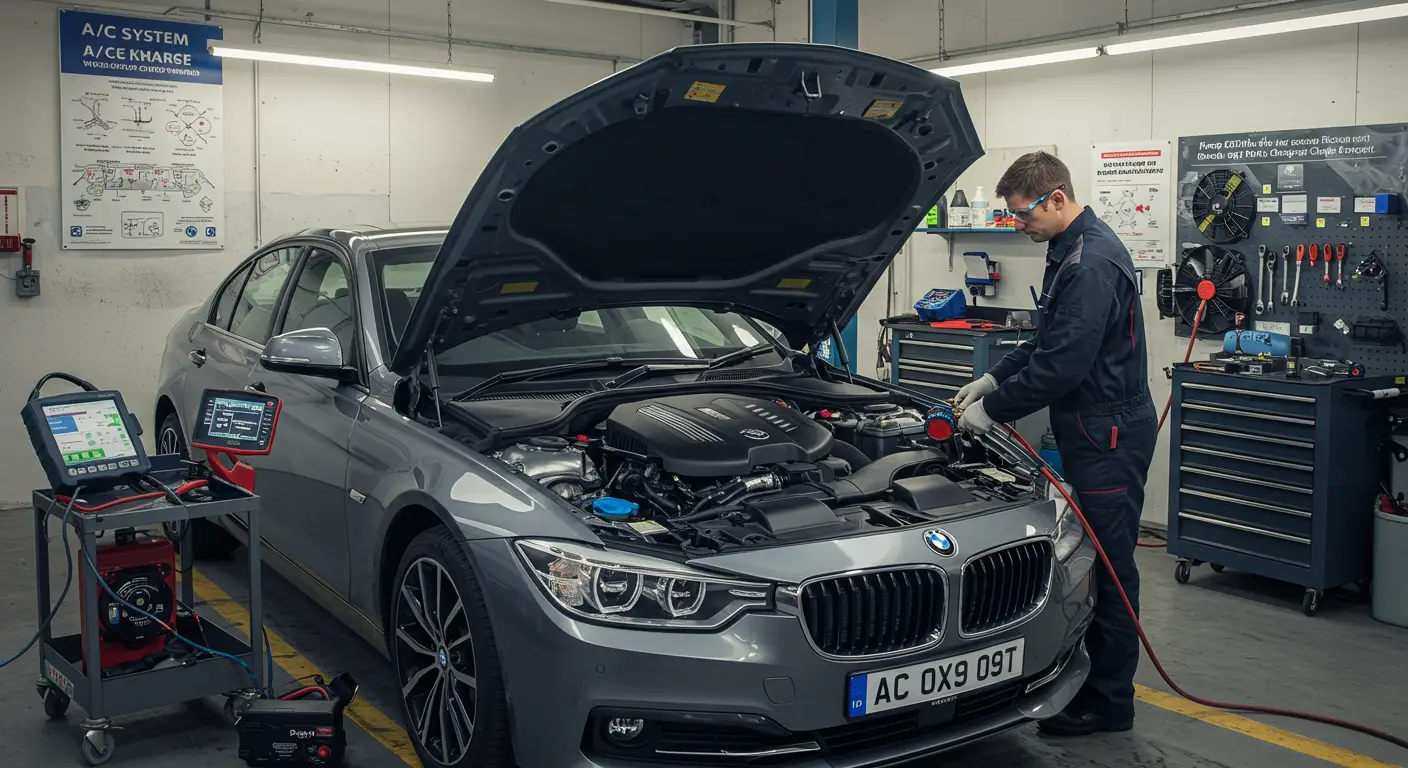 Slika prikazuje mehaničara kako koristi set manometara i crijeva za punjenje rashladnog sredstva u auto klima uređaj, ističući važnost pravilnog održavanja sistema za optimalan rad.