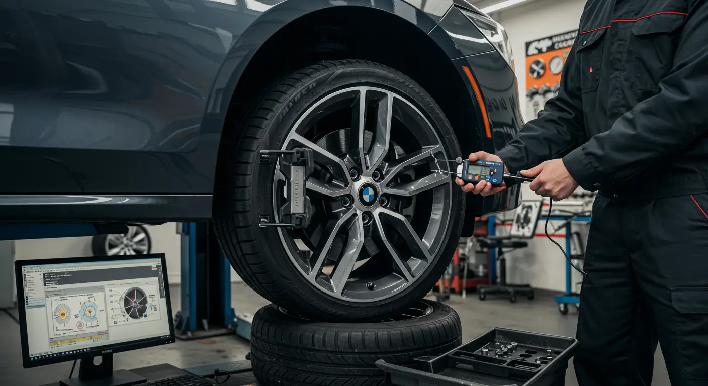 Slika prikazuje mehaničara kako pregledava automobilsku felnu kako bi identifikovao deformaciju, sa alatima i merama za ispravljanje savijene felne pored njega.