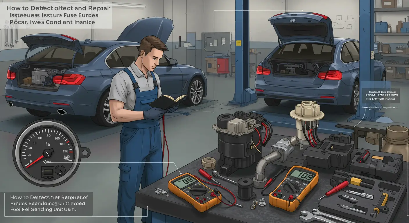 Slika prikazuje mehaničara kako proverava i popravlja jedinicu za slanje goriva u automobilu, koristeći multimetar za testiranje električnih veza.