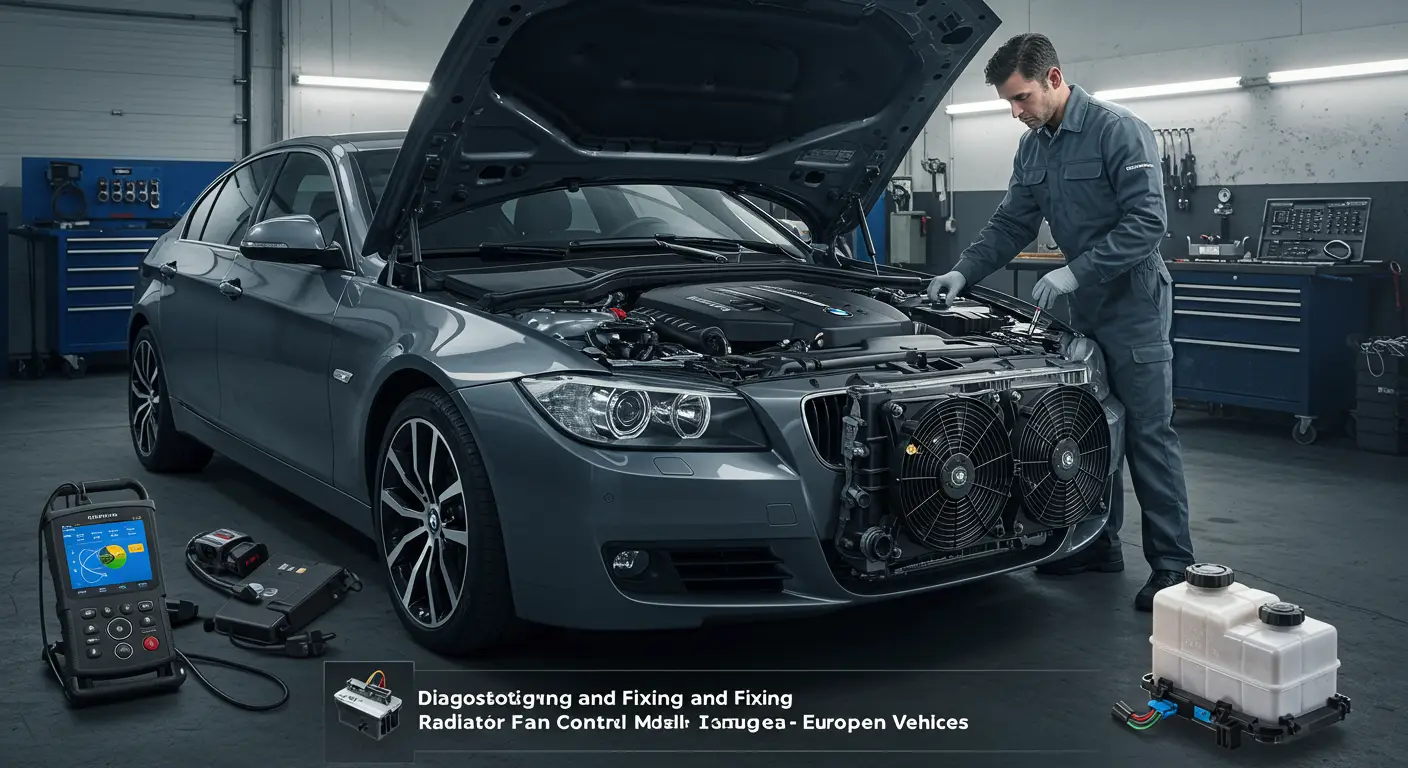Slika prikazuje mehaničara kako proverava modul za kontrolu ventilatora hladnjaka u automobilu, sa otvorenom haubom i alatima raspoređenim oko mesta rada.