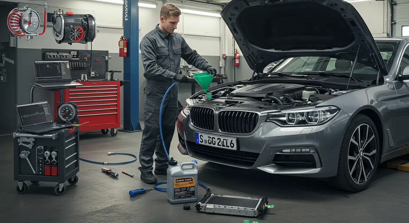 Slika prikazuje mehaničara kako sipa novu rashladnu tečnost u motor automobila, ilustrujući proces ispiranja rashladnog sistema.