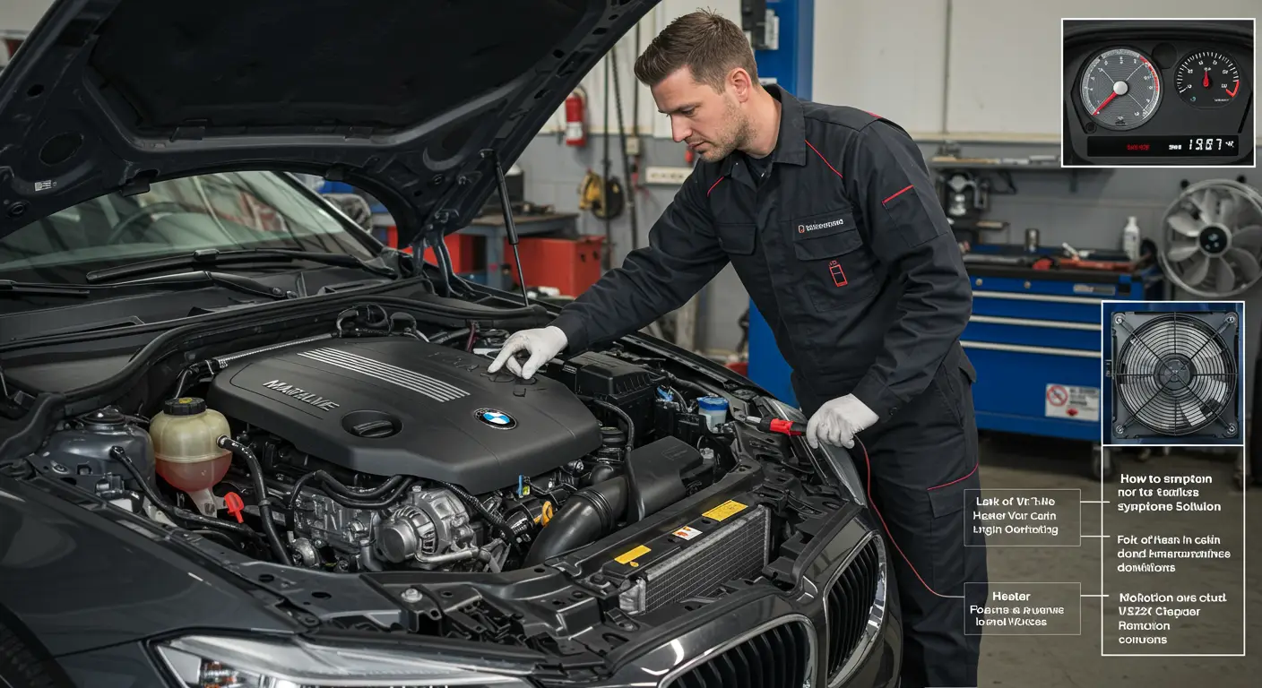 Slika prikazuje mehaničara koji koristi alat za proveru grejača u automobilu, ilustrujući proces dijagnostikovanja neispravnog ventila grejača sa fokusom na simptome poput slabog grejanja i rešenja za popravku.
