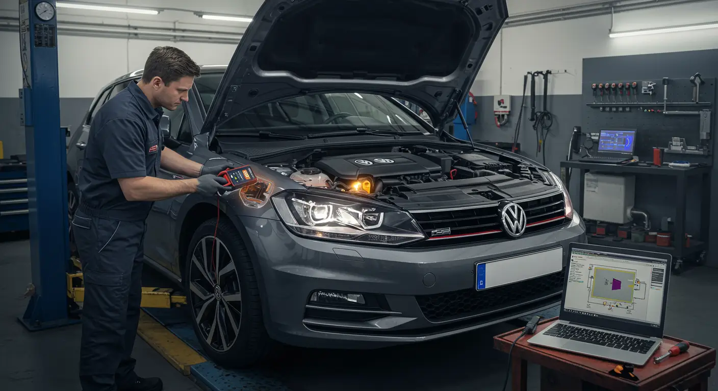 Slika prikazuje mehaničara koji koristi multimetar za proveru napona na instalacijama dnevnih svetala automobila, ilustrujući postupak identifikacije i popravke problema sa dnevnim svetlima.