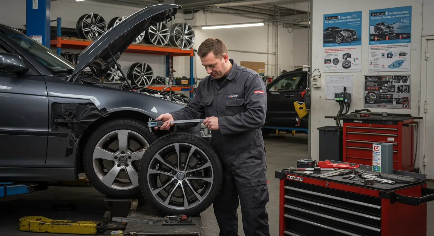 Slika prikazuje mehaničara koji pažljivo pregledava automobilsku felnu kako bi utvrdio da li je iskrivljena, sa alatima za popravku pored sebe na radnom stolu.