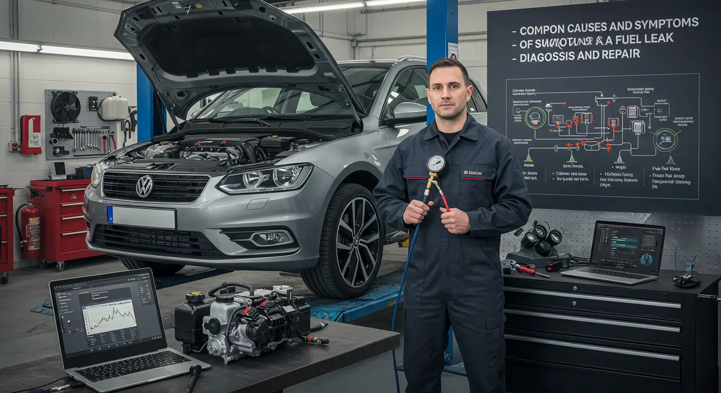 Slika prikazuje mehaničara koji pregledava motor automobila kako bi identifikovao curenje goriva, dok se u pozadini vide alati i dijagnostička oprema.