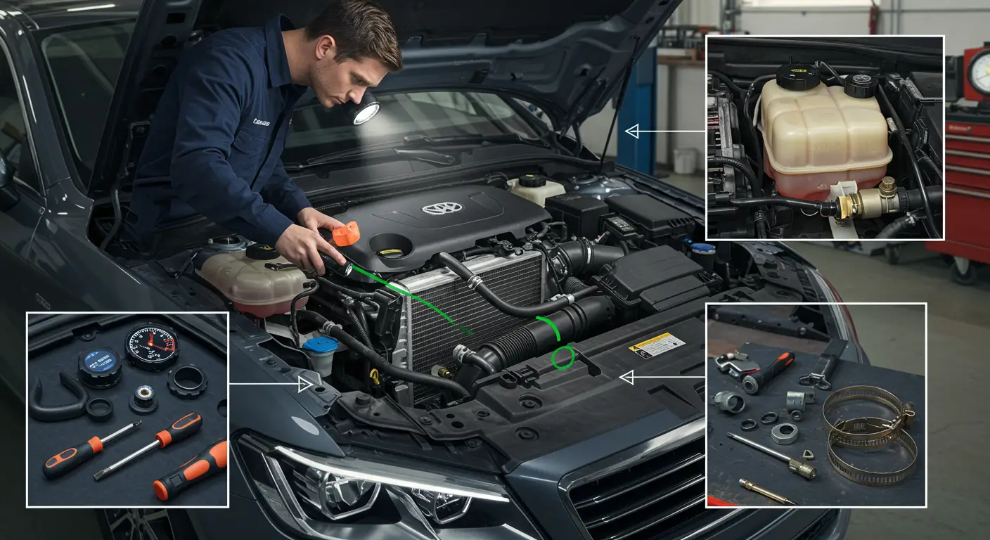 Slika prikazuje mehaničara koji pregledava motorev automobil kako bi identifikovao curenje rashladne tečnosti iz creva, sa fokusom na oštećeno crevo iz kojeg curi tečnost.