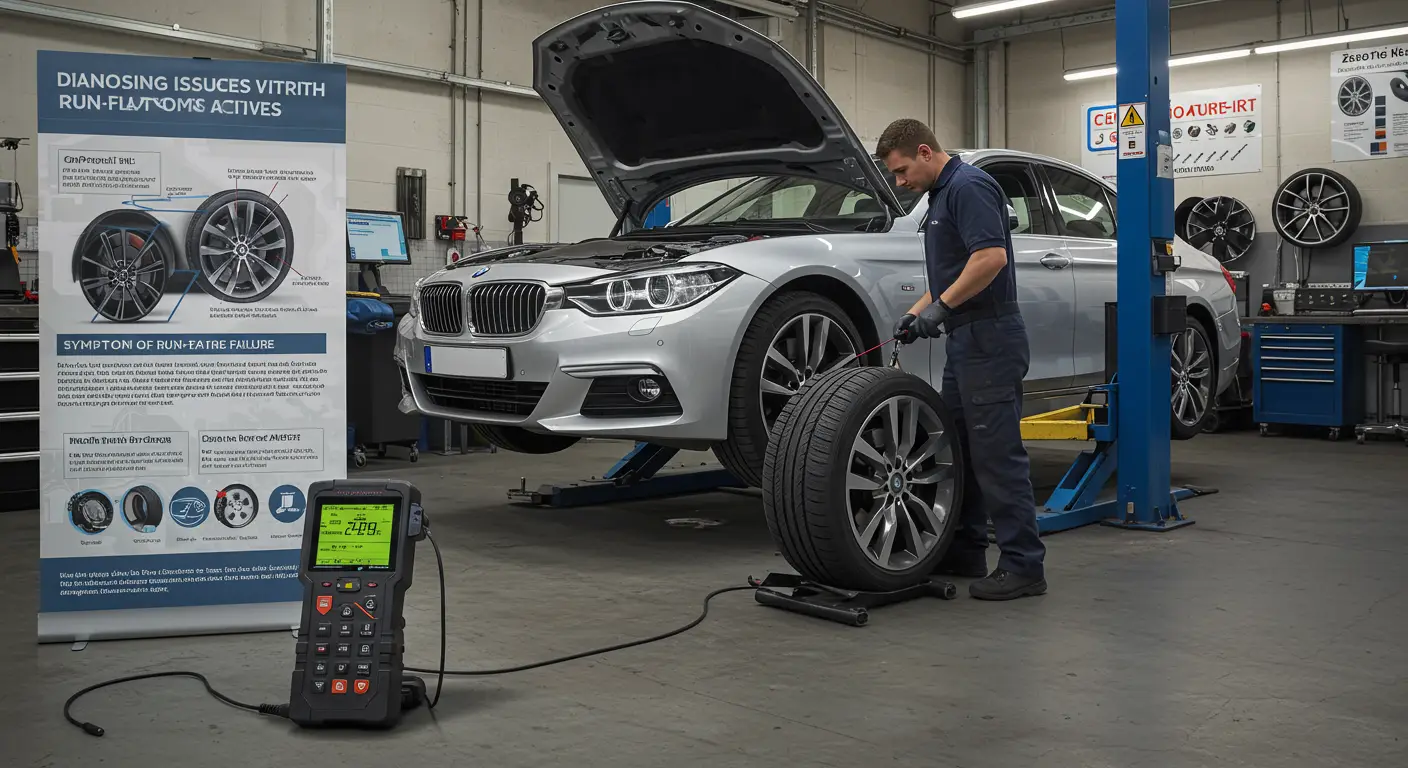 Slika prikazuje mehaničara koji pregledava run-flat gumu na automobilu u radionici, dok uz njega stoji dijagnostička oprema i alat za popravku.