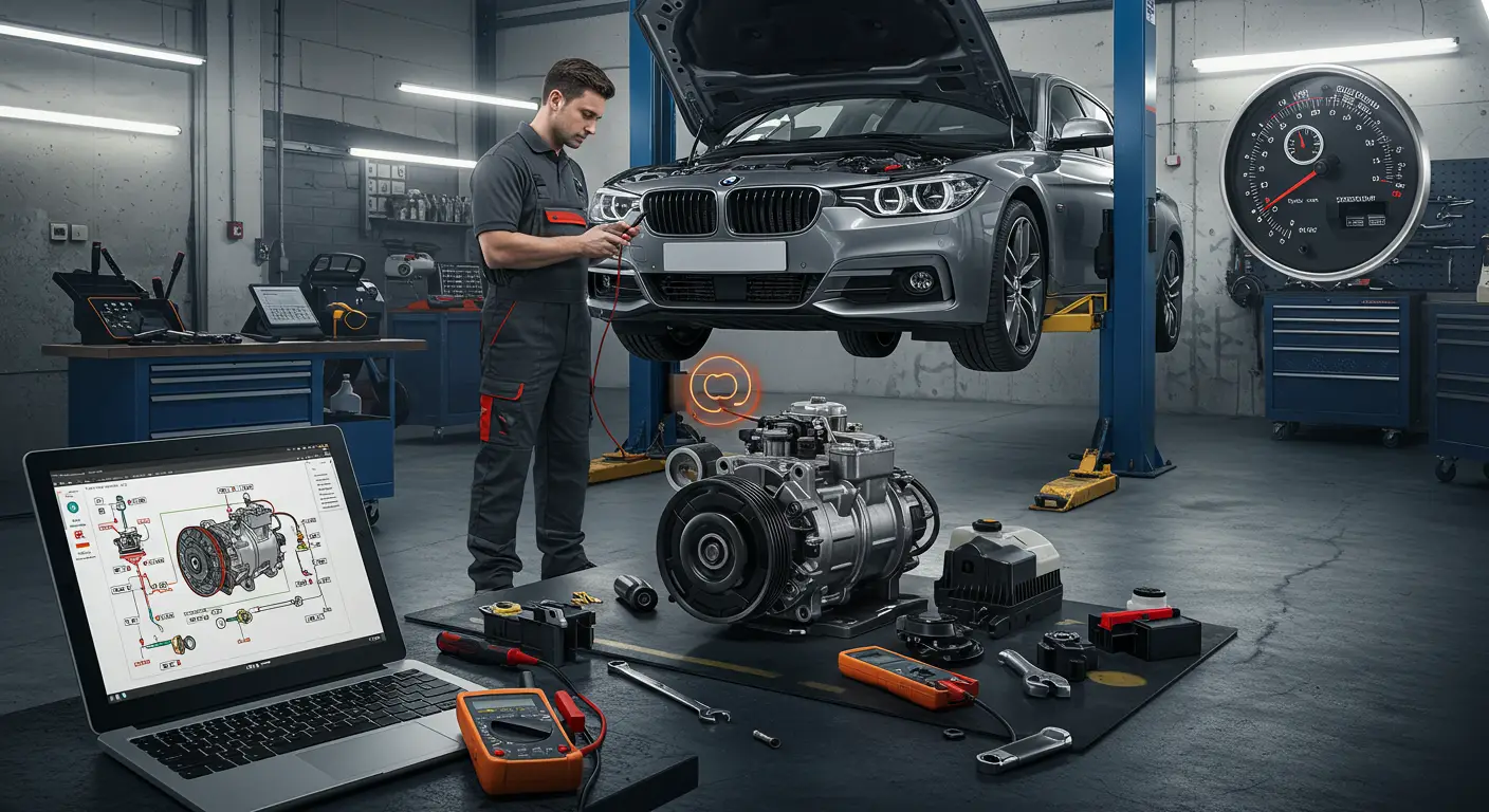 Slika prikazuje motor automobila sa fokusom na kompresor klima uređaja, gde se vidi kvačilo koje ne angažuje, ilustrujući problem sa sistemom za klimatizaciju.
