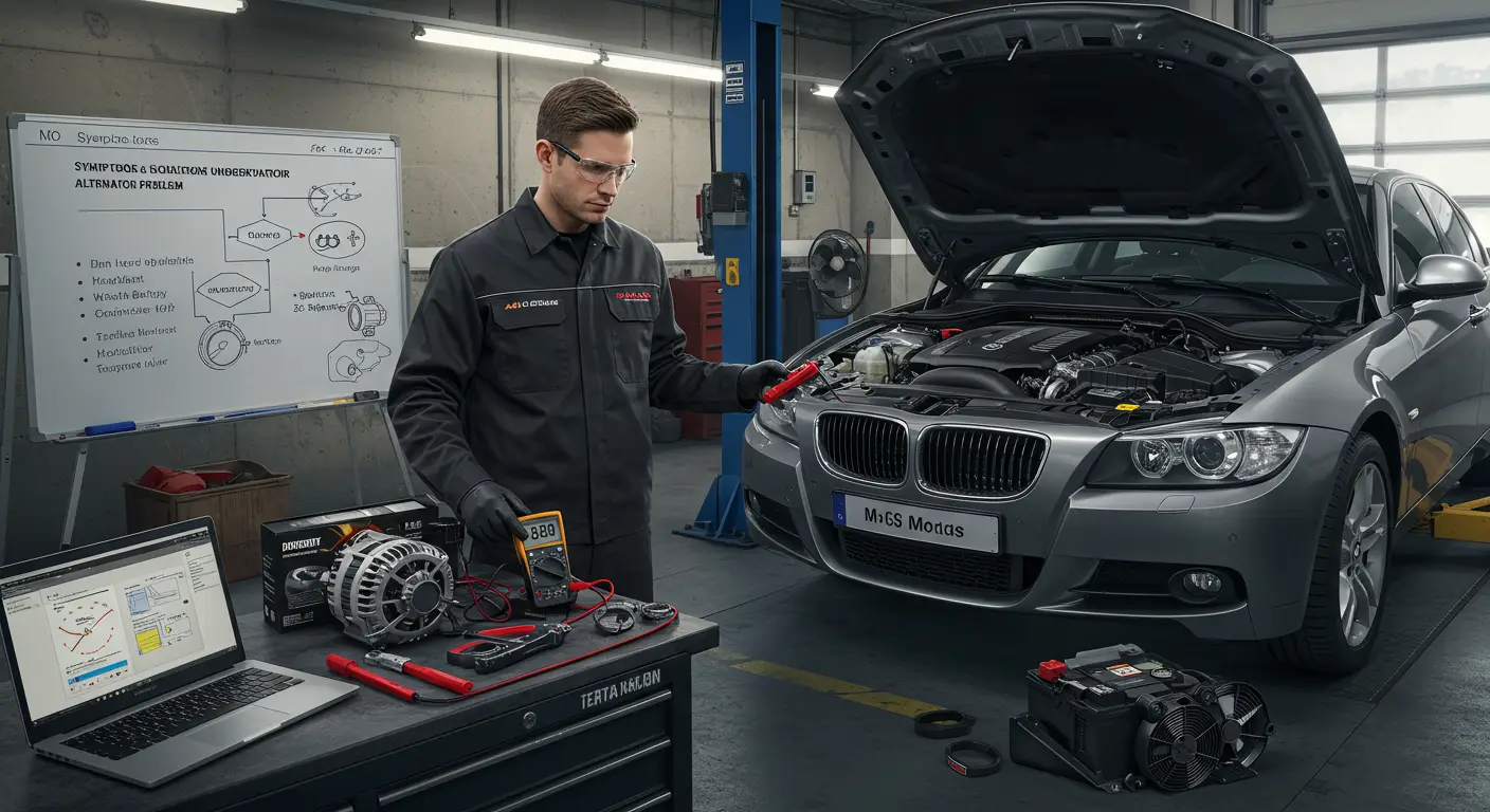 Slika prikazuje motor sa otvorenom haubom automobila, fokusiranu na alternator, sa naglaskom na simptome problema sa nedovoljnim punjenjem, poput prigušenog svetla i prazne baterije, i rešenja poput zamene ili popravke alternatora.
