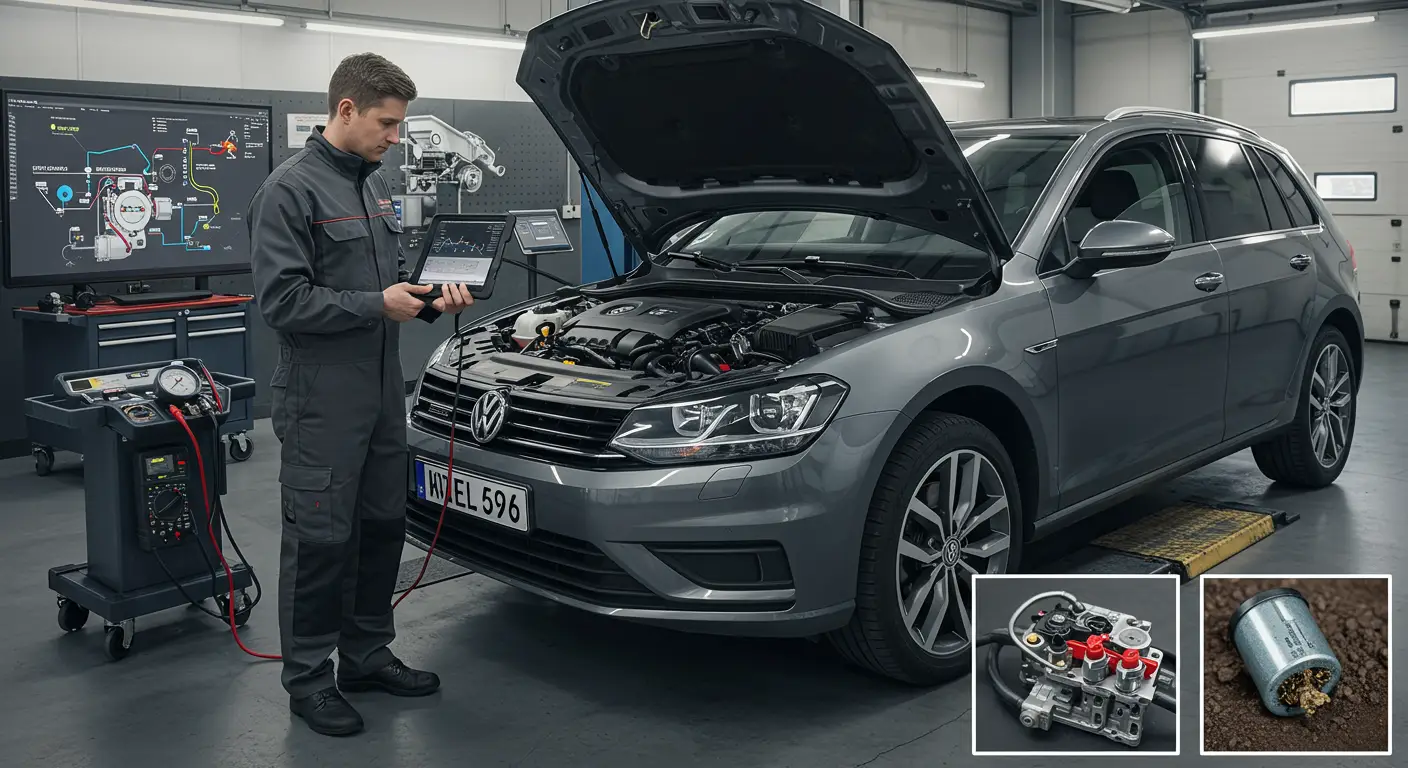 Slika prikazuje muškarca kako proverava motor automobila ispod otvorene haube, dok pored njega leži alatka, ilustracija simptoma oskudice goriva, uključujući nepravilan rad motora i otežano ubrzavanje.
