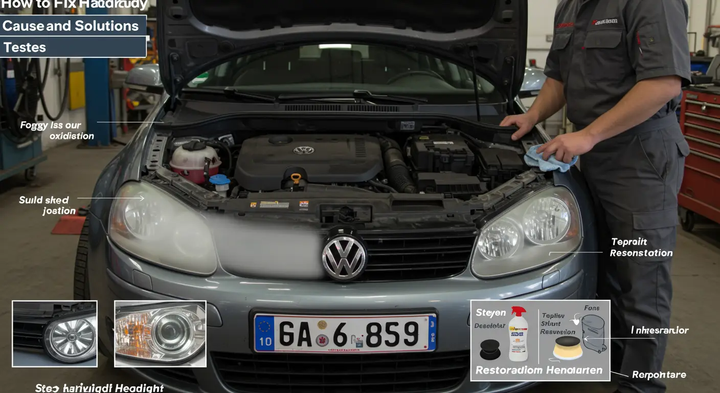 Slika prikazuje osobu kako čisti zamućeno prednje svetlo automobila sunđerom i rastvorom za čišćenje, s alatima i proizvodima za poliranje svetala postavljenim pored automobila.