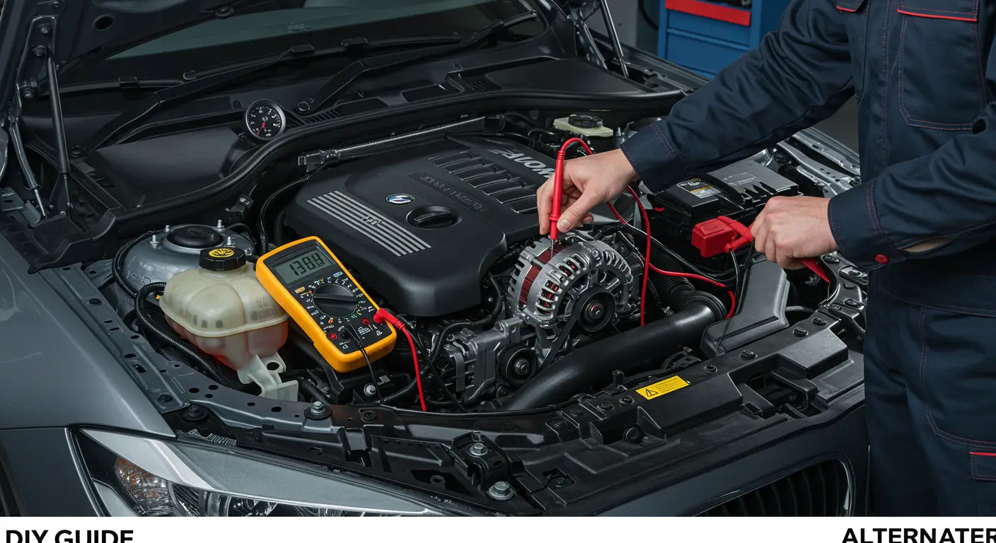 Slika prikazuje osobu koja koristi multimetar za proveru napona alternatora na automobilu, prema vodiču za samostalno testiranje alternatora.
