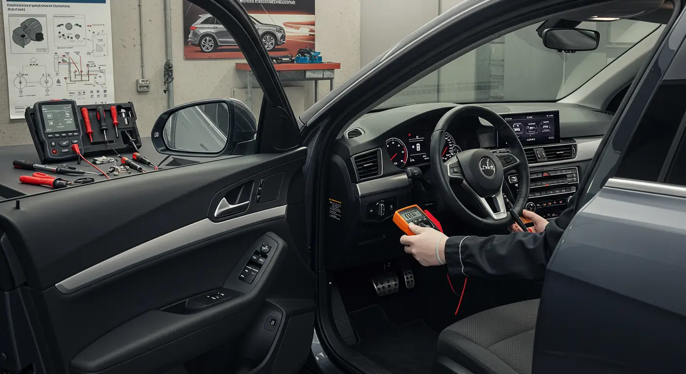 Slika prikazuje osobu koja pritiskom na dugme pokušava da podigne električni prozor automobila, ali prozor ne reaguje, što ukazuje na moguće simptome neispravnog prekidača za prozore.
