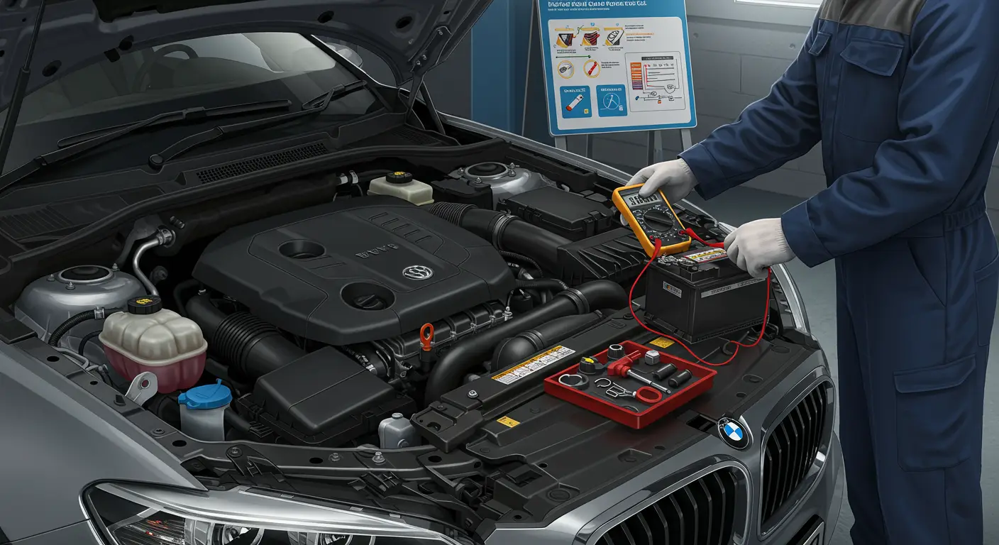 Slika prikazuje osobu koja proverava nivo napunjenosti akumulatora u automobilu pomoću multimetra, okružena alatima i vodičem za održavanje akumulatora.