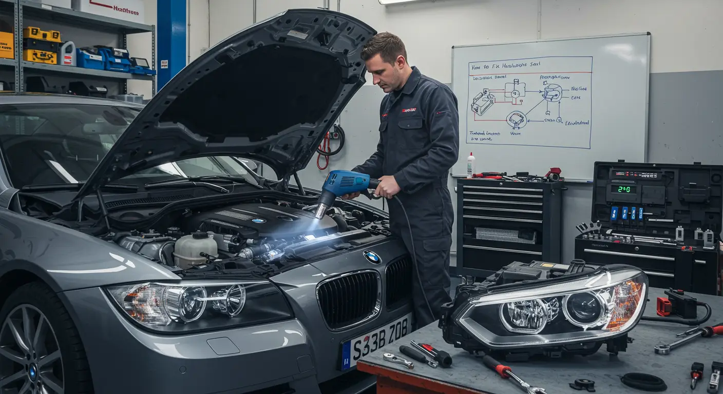 Slika prikazuje ruke mehaničara koji uklanjaju far sa automobila kako bi popravili kondenzaciju, sa alatima i radionicom u pozadini.